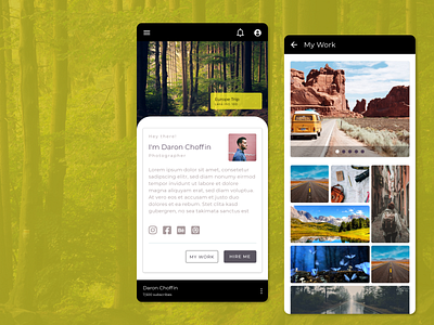 Portfolio of a photographer android android app minimal minimalistic mobile ui photographer photography profile profile card profile design profile page ui uiux