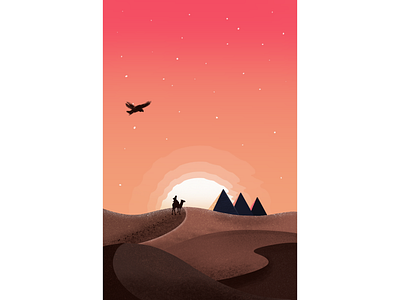 Desert roaming bird color dawn desert design illustration landscape light nature piramid sand sky stars sun sunlight vector