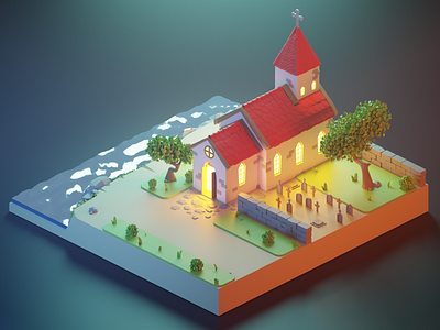 Somewhere in Iceland 3d blender blender 3d blendercycles cartoon church iceland illustration isometric art night toy