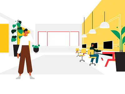 Cubics workspace 3 3d animation animation 2d cellphone chair desk desktop grid illustration laptop perspective phone plant plants window workspace