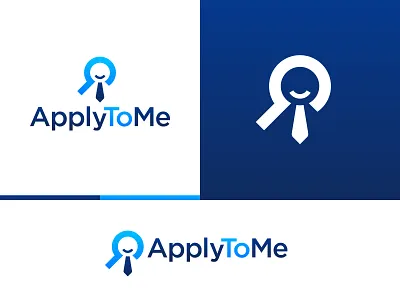 ApplyToMe - Logo Design blue brand clean design identity job logo magnifying glass minimal search smile tie typography