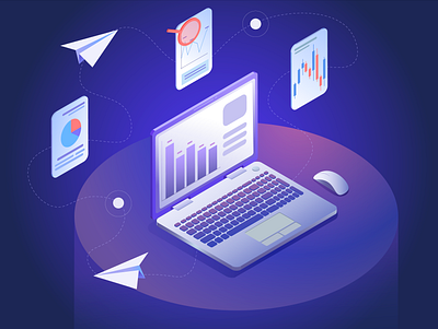 Isometric laptop analysis art blue business illustraion investment isometric isometry laptop stock market