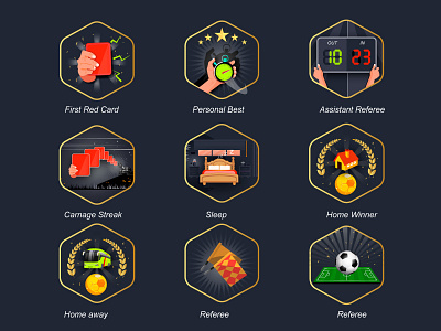 Badges for Soccer App bed illustration gamification gamification badges gamification in football apps gamification in sports app icon red car badge referee soccer app badges soccer app icons soccer illustration ui wreath illustration