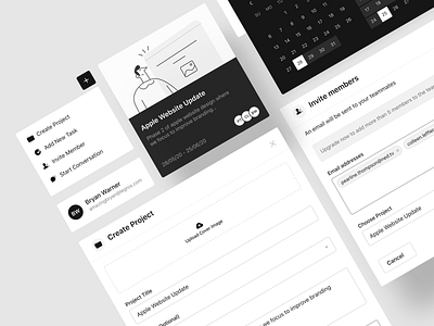 Project creation app black calendar cards clean create dashboard design dropdown illustration invite minimal modal popup product project trending ui user profile ux