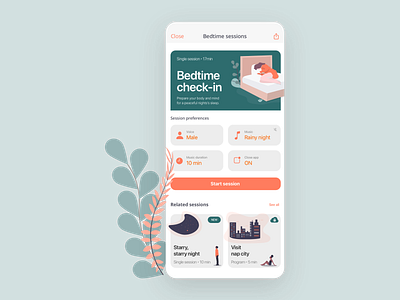 Bedtime Sessions app chill design greenery illustration interaction design mindfulness mobile app mobile ui sleep ui uidesign vector