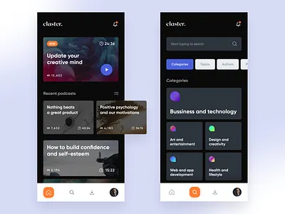 Claster — Podcasts App app app design application branding design podcast podcast app podcasting typography ui ui elements uidesign ux