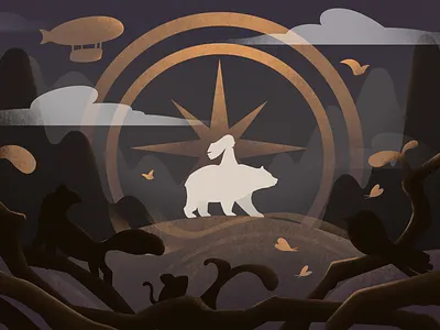 "The Golden Compass" illustration animal art bear bird butterfly compass design gold illustration sky ui vector