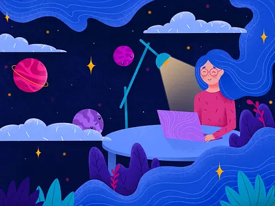 Stay at home illustration art branding design forest girl illustration moon plant room sky space star ui ux vector