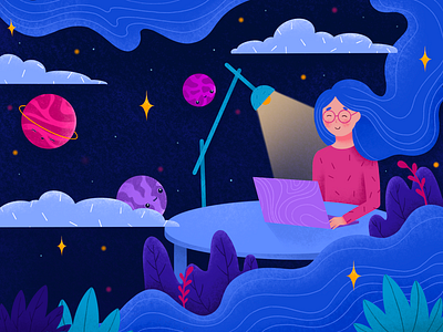 Stay at home illustration art branding design forest girl illustration moon plant room sky space star ui ux vector