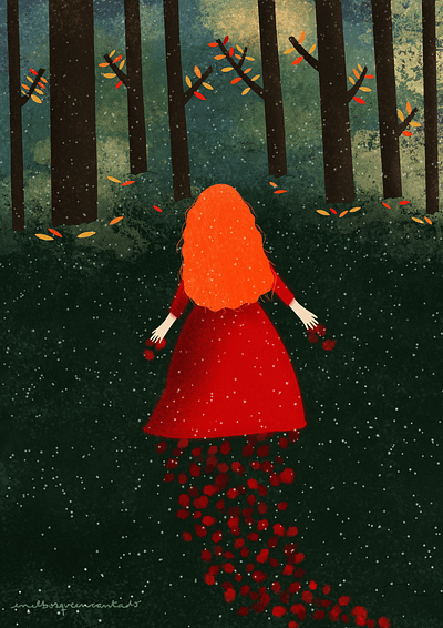 Walking trough the magic forest beauty calm forest girl magic nature orange hair petals red