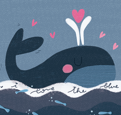 Blue whale blue calm fish funny hearts illustration kids kidsart love lovely nature ocean peace procreate sea water whale