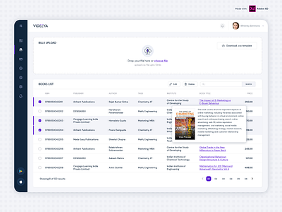 Videeya- Book List and Bulk Upload dashboard design ui ux visual design