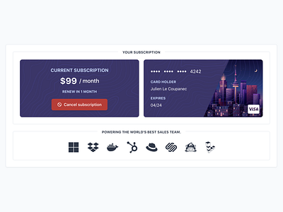 Subscription Summary with Cancellation Button cancel cancellation credit card credit cards payment method subscription subscription box subscriptions