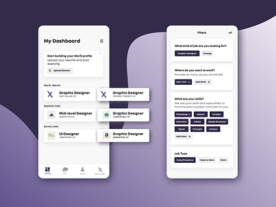 Job App Dashboard & Filters app dashboard dashboard ui filtering filters hiring job application job listing jobs mobile app design mobile ui recruitment saved ui ux