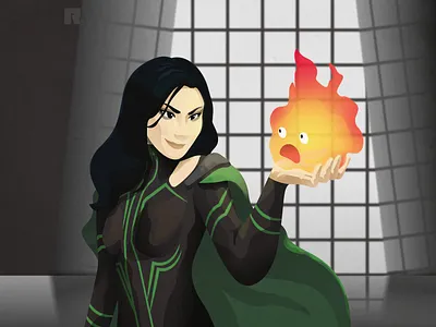 calcifer, the eternal flame adobe illustrator calcifer crossover drawing fan art hela illustraion marvel studios studio ghibli vector art