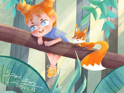 狐狸与小女孩 amazing digitalart drawing fox girl illustration ipadproart jungle orange procreate
