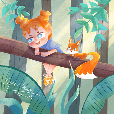 狐狸与小女孩 amazing digitalart drawing fox girl illustration ipadproart jungle orange procreate