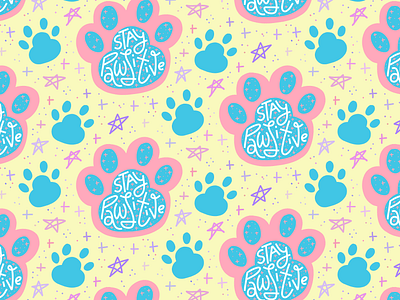 Stay Pawsitive seamless pattern cat dog illustration joke lettering multicolor paw paw print pet pun seamless pattern