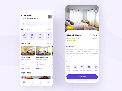 Rent a properties | Mobile app apartment app booking clean flat hotel ios mobile property purple real estate rent room simple ui ui design ui ux design ux villa