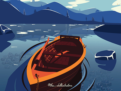 An Empty Boat! boat boat illustration design flat illustration illustration lake landscape illustration mountains ocean river the chillustrators wallpaper