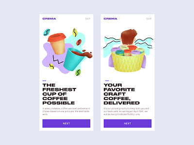 Onboarding Crema Coffeeshop App app coffee coffee shop flat illustrator minimal mobile onboarding procreate screen