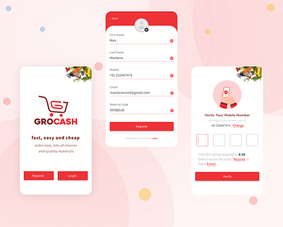 GROCASH App creative design ecommerce ecommerce app ecommerce design ecommerce shop graphic design groceries grocery app grocery list grocery store login page login screen otp register form registration form ui design vegetable vegetables