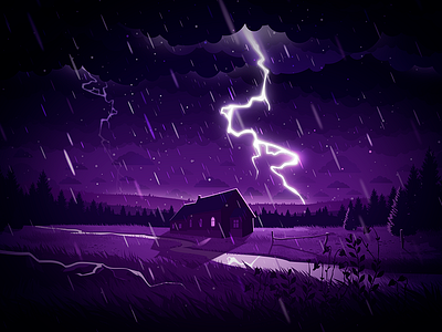 Thunderstorm clouds field flash house illustration landscape lawn lightning meadow nature proart prokopenko rain slush storm thunder thunderstorm top villa weather