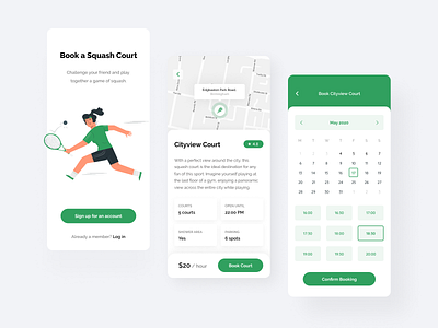 Booking Sport App - Squash Court Calendar app booking booking app booking form calendar calendar app calendar ui case study flow listing login mobile ui splash splashpage sport sports sports app squash tennis ux