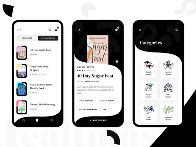 Lifemasto - Online Book shop Screen Design android app app design book shop book store buy cart dark e commerce health illustration ios app landing page minimal online book shop online shop purchase sotre ui design ux design