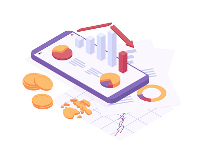 Economic crisis analysis banking businesss chart coin crash crisis decrease design economic fall financial global graphic illustration isometric mobile phone money online vector