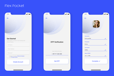 Flex_Pocket_Part_2 design iphone11pro mobile up product design profile card purple screen signup state ui