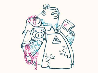 The Butcher Character Design apron blake stevenson butcher character design concept art game design hat hipster illustration jetpacks and rollerskates knife meat mustache pig sausage skull steak tattoos video game wip