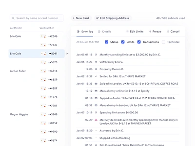 Cards Event Log admin cards detail events figma icons log search support table timeline timestamp