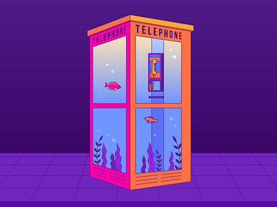 The Ocean is Calling aquarium colour design fish illustration illustrator light night ocean orange phone phone booth pink purple street surrealism telephone type underwater vector