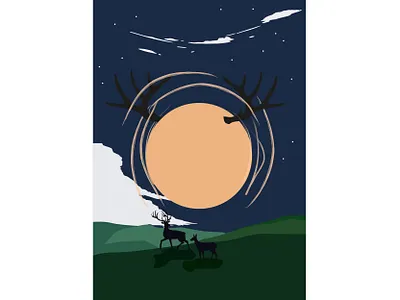 Hello Dribbble! art deer design flat full moon hello dribble illustration illustrator landscape minimal moonlight vector