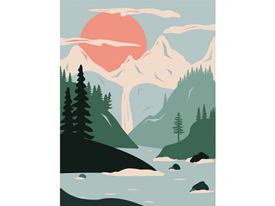 Sunrise art flat flat design forest graphics green illustration landscape landscape design mountains pastel pastel colors poster sunrise sunset vector waterfall