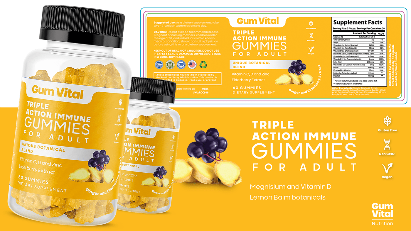 Premium Supplement Gummies Label & Logo Design for Gum Vitals branding graphic design label and packaging label and packaging design label design packaging packaging design product branding product label