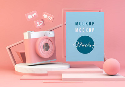 Pink Composition Mockup with Camera branding business camera card clay clean composition design device devices digital art minimal minimalist mock up mockup mockups multipurpose pink responsive simple