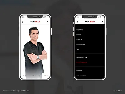 Acun Ilicali personal website design - mobile view. acun app branding dashboard design graphic homepage icon ilicali landing logo menu mobile page personal side ui ux web website