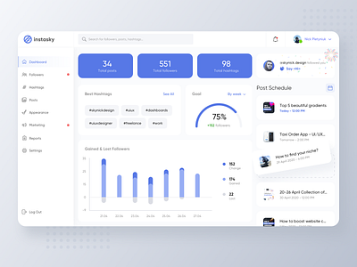 Instagram Analytics Dashboard | Web UI/UX Design admin panel analytics chart clean ui dashboard dashboard design dashboard ui graphics instagram interface minimal product design profile schedule statistics uidesign uiuxdesign uxdesign web webapp