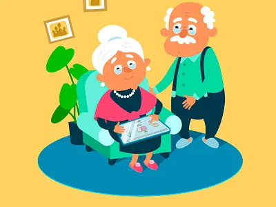 A cute senior couple are discussing and ordering food in an app animation cartoon cute elderly illustration vector