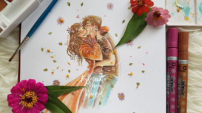 Sweet Lovely Couple art artist artsy artwork couple cute design flowers hug illustration kiss love lovely manual drawing pretty romance sketch sweet watercolor watercolor illustration