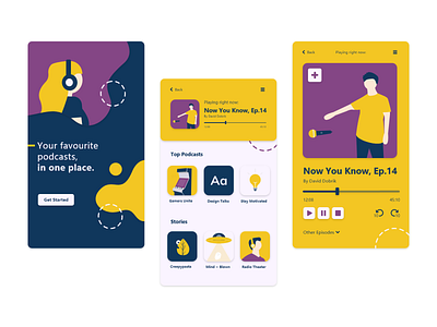 Podcast App Design app design flat icon illustration mobile app podcast typography ui uidesign ux vector