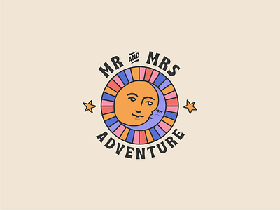 Mr & Mrs Adventure Logo animation animation 2d brand brand identity color palette gif gif animation hand drawn illustration kiss logo logotype love moon stars sun sunset type video youtube