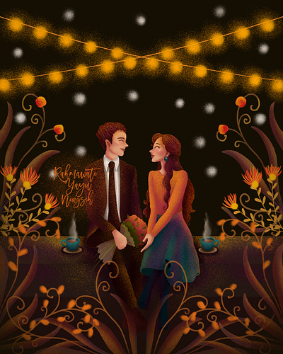 Close to you adorable artwork beauty couple cute date digital art digital painting dinner drawing flowers happy illustration illustrator lights love lovely night photoshop romance