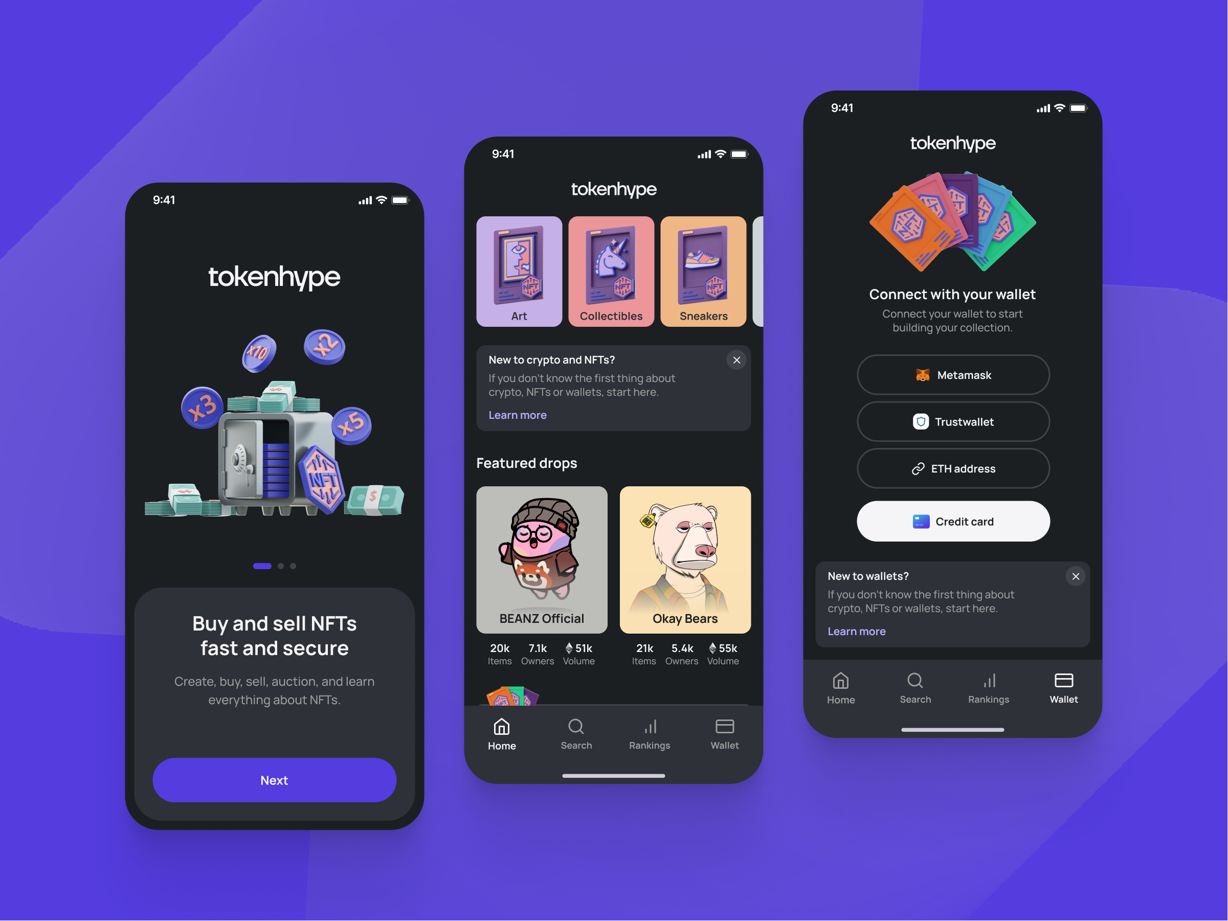 Tokenhype - NFT marketplace app colorful crypto dark mode design illustration ios app marketplace mobile mobile app nft product design ui