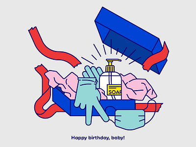 Happy birthday, baby! corona gift gift box gift card glow hand happy birthday health healthcare illustration ironic lockdown mask present self irony soap virus