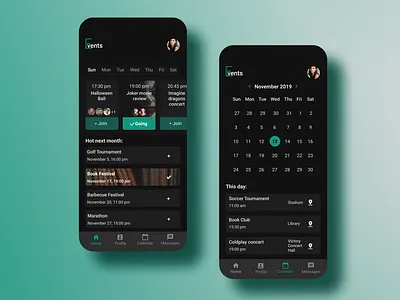 Events App dark theme calendar dark dark mode dark theme dark ui design events events app iphone mobile app mobile design ui ux
