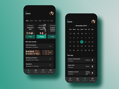 Events App dark theme calendar dark dark mode dark theme dark ui design events events app iphone mobile app mobile design ui ux