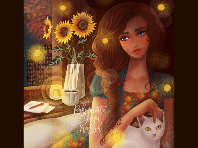 A girl and her cat artwork beautiful beauty cats chill cute digital art digital painting drawing flowers girls illustration illustrator lights night photoshop pretty sketch tea wacom